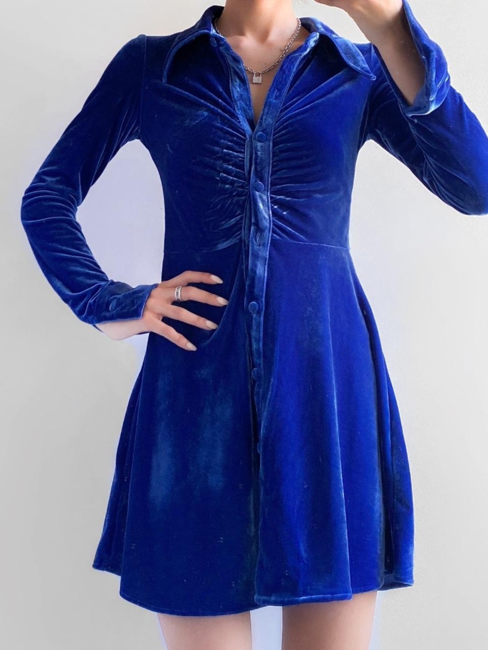 Urban Outfitters Nellie Ruched Royal Blue Velvet Mini Dress XS